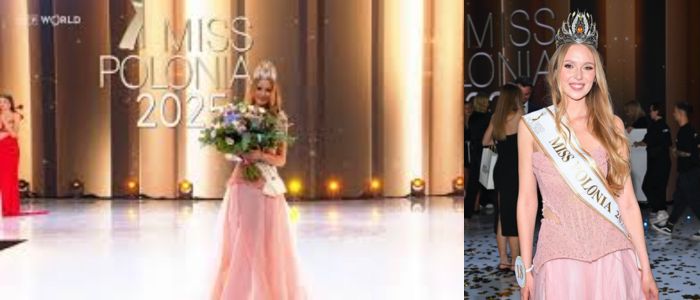 A two-panel image shows a woman in a long pink dress and crown, holding flowers on a stage, and standing with a sash.