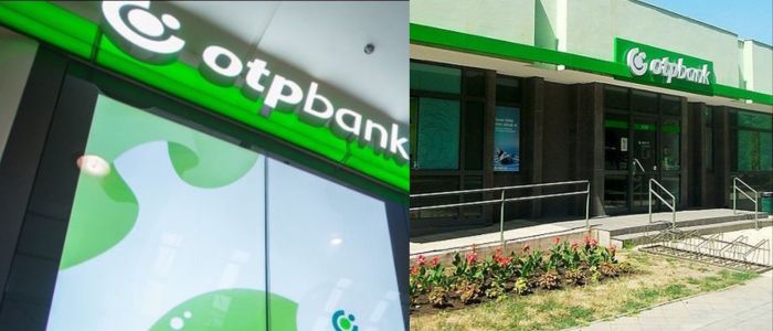 A diptych showing the OTP Bank logo and branches. Left, a close-up of the illuminated OTP Bank sign. Right, an exterior view of an OTP Bank building with green accents.