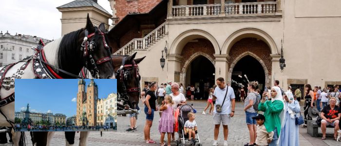 Tourists and horse-drawn carriages in a bustling town square with historic buildings. Inset shows a wider view of the square.