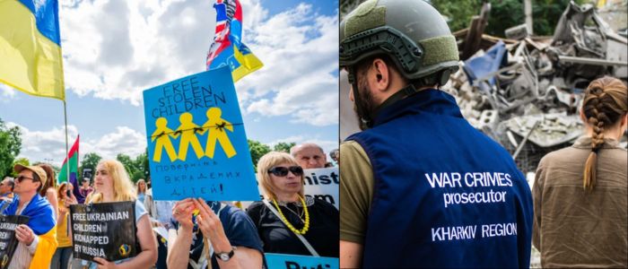 A diptych on war crimes. Left, protesters with signs like 