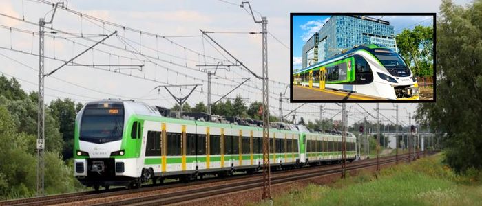 A modern green and white train on tracks, with power lines overhead. Inset shows the same train at a station.