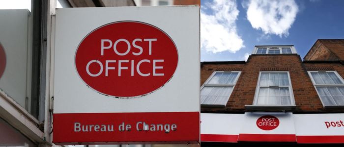 A diptych of Post Office signs. Left, a close-up of a red and white 