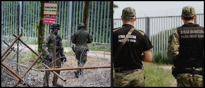 Two images of soldiers standing beside a fence, showcasing their uniforms and the surrounding environment.
