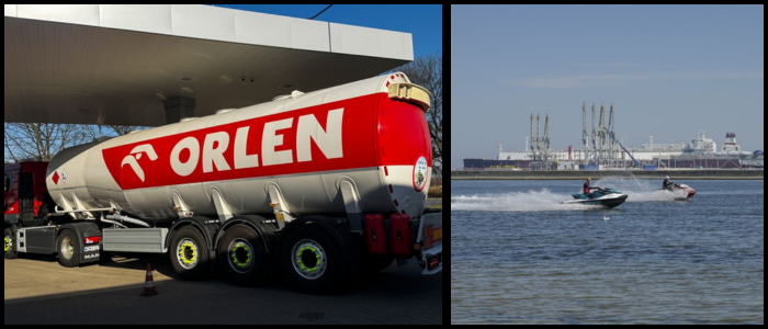 Two images showing a small boat and a large tanker on the water, highlighting their size difference and maritime context.